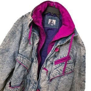 Vintage 80s ALS Acid Wash Denim Jacket Pink Purple Neon Retro Oversized Medium